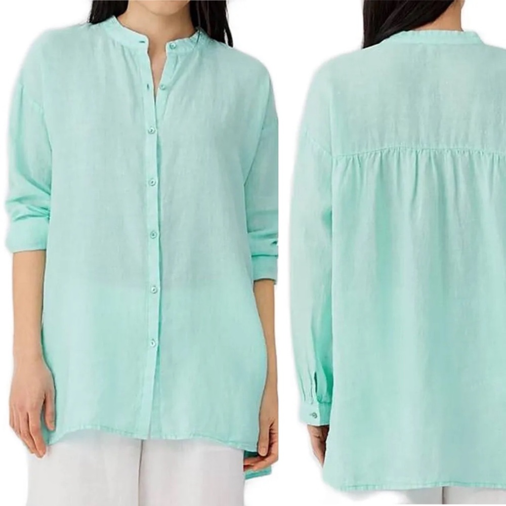 Eileen fisher petite aqua blue button down tunic top Sz Small